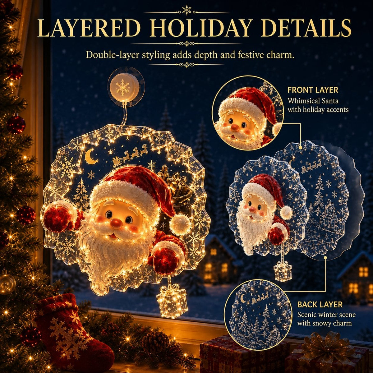 Lighted Christmas Window Decoration with Suction Cup | Warm LED Window Light with Double-Layer Design & Multiple Festive Styles