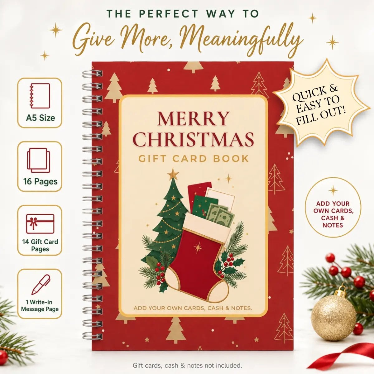 MERRY CHRISTMAS! GIFT CARD BOOK 14 Themed Pages, Hardcover & Durability Line
