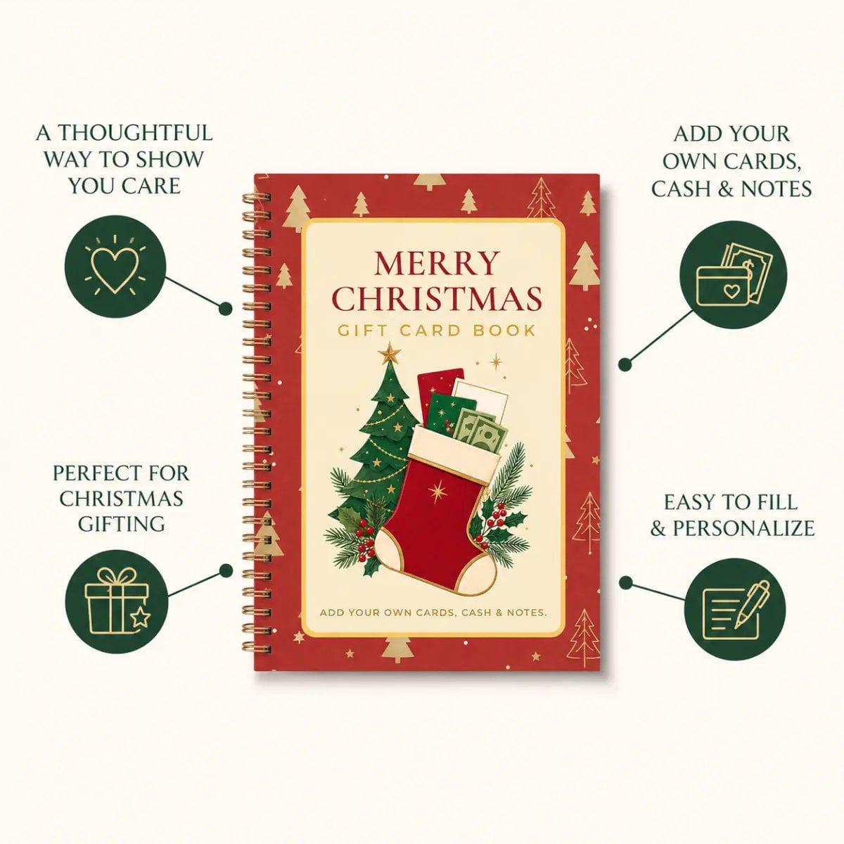 MERRY CHRISTMAS! GIFT CARD BOOK 14 Themed Pages, Hardcover & Durability Line