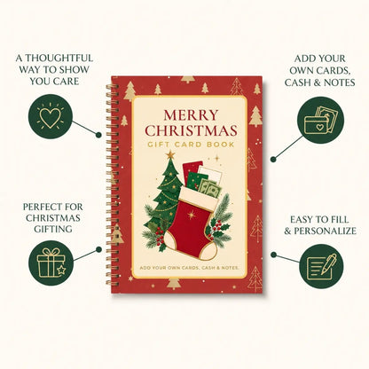 MERRY CHRISTMAS! GIFT CARD BOOK 14 Themed Pages, Hardcover & Durability Line