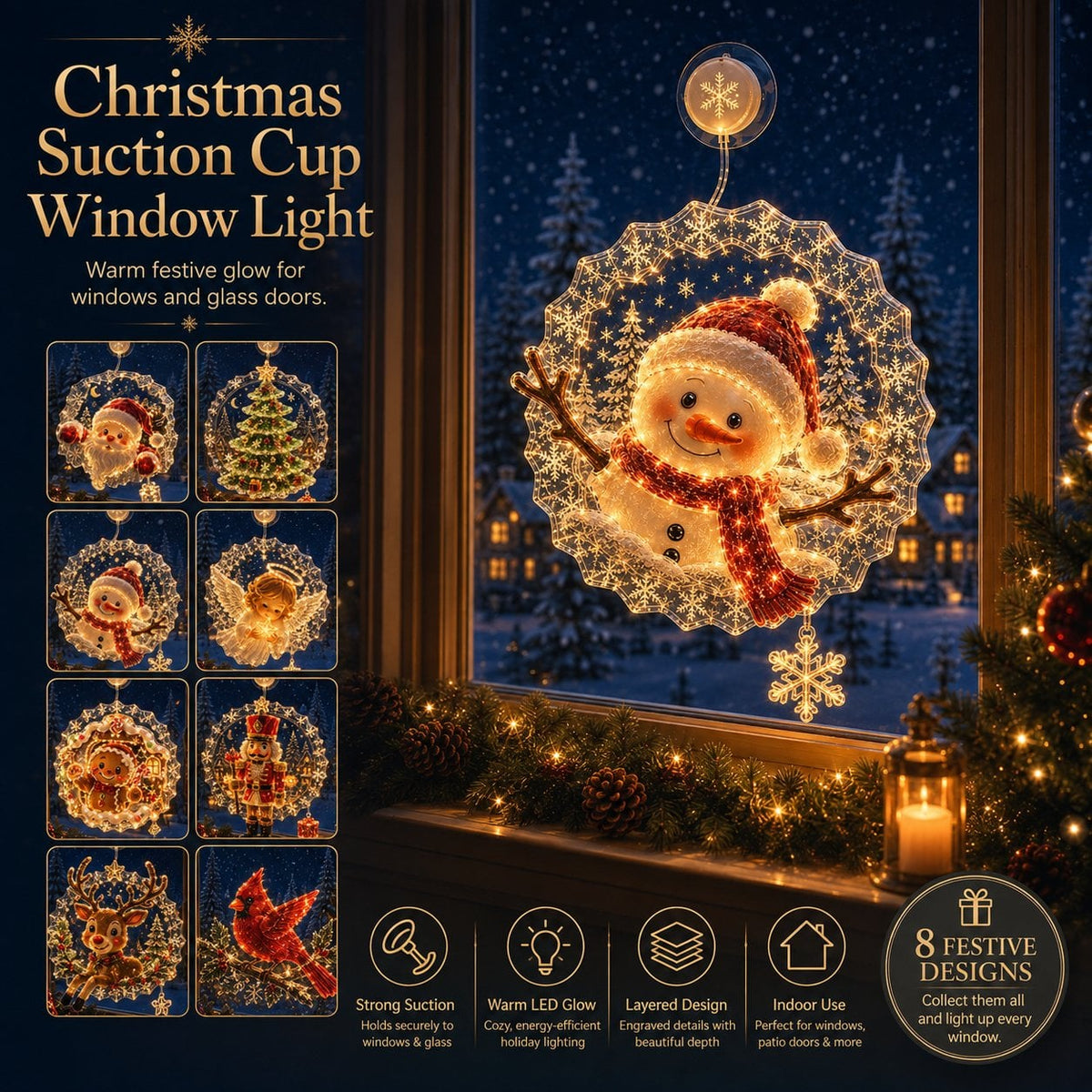 Lighted Christmas Window Decoration with Suction Cup | Warm LED Window Light with Double-Layer Design & Multiple Festive Styles