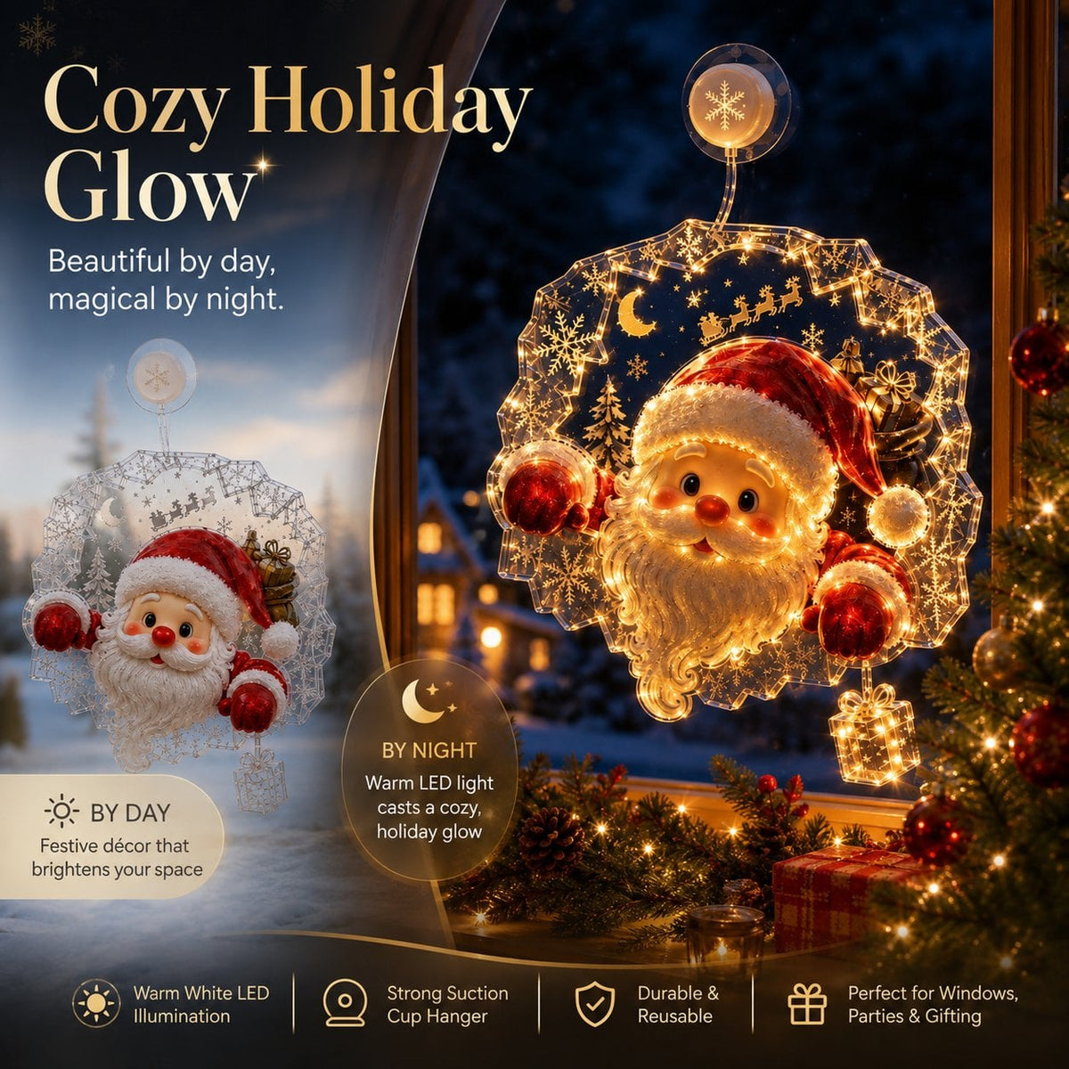 Lighted Christmas Window Decoration with Suction Cup | Warm LED Window Light with Double-Layer Design & Multiple Festive Styles