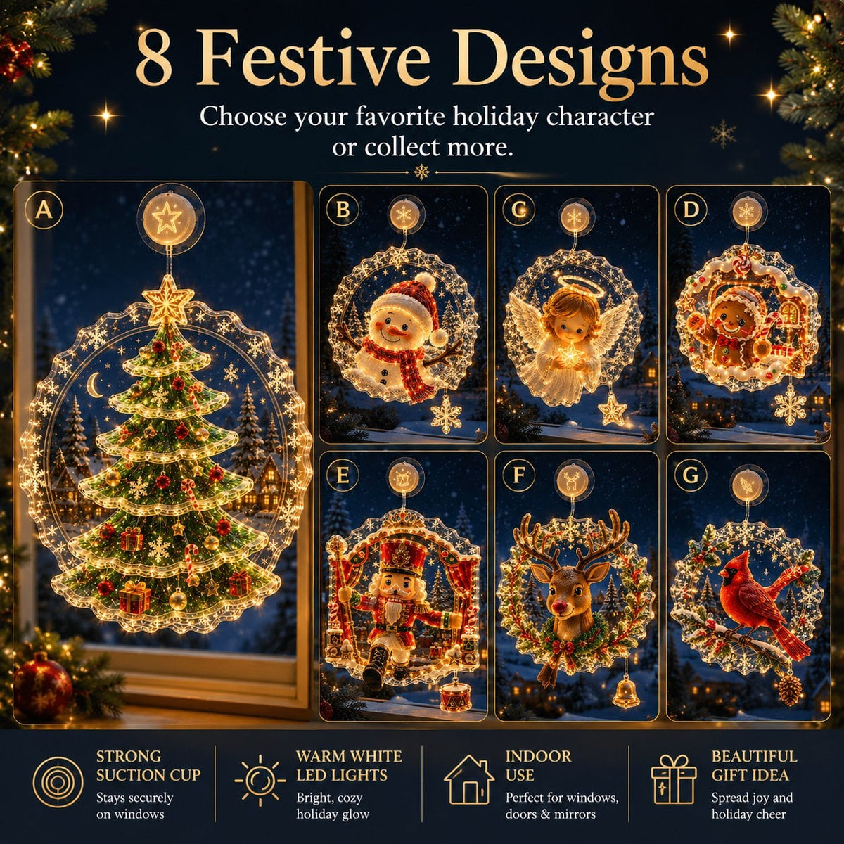 Lighted Christmas Window Decoration with Suction Cup | Warm LED Window Light with Double-Layer Design & Multiple Festive Styles