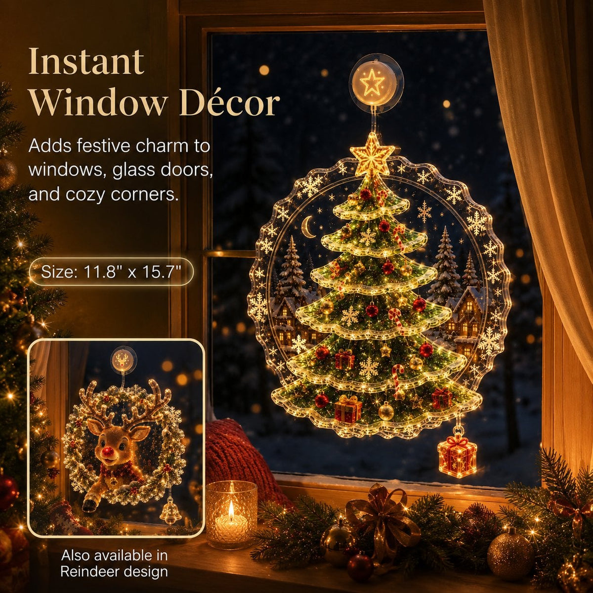 Lighted Christmas Window Decoration with Suction Cup | Warm LED Window Light with Double-Layer Design & Multiple Festive Styles