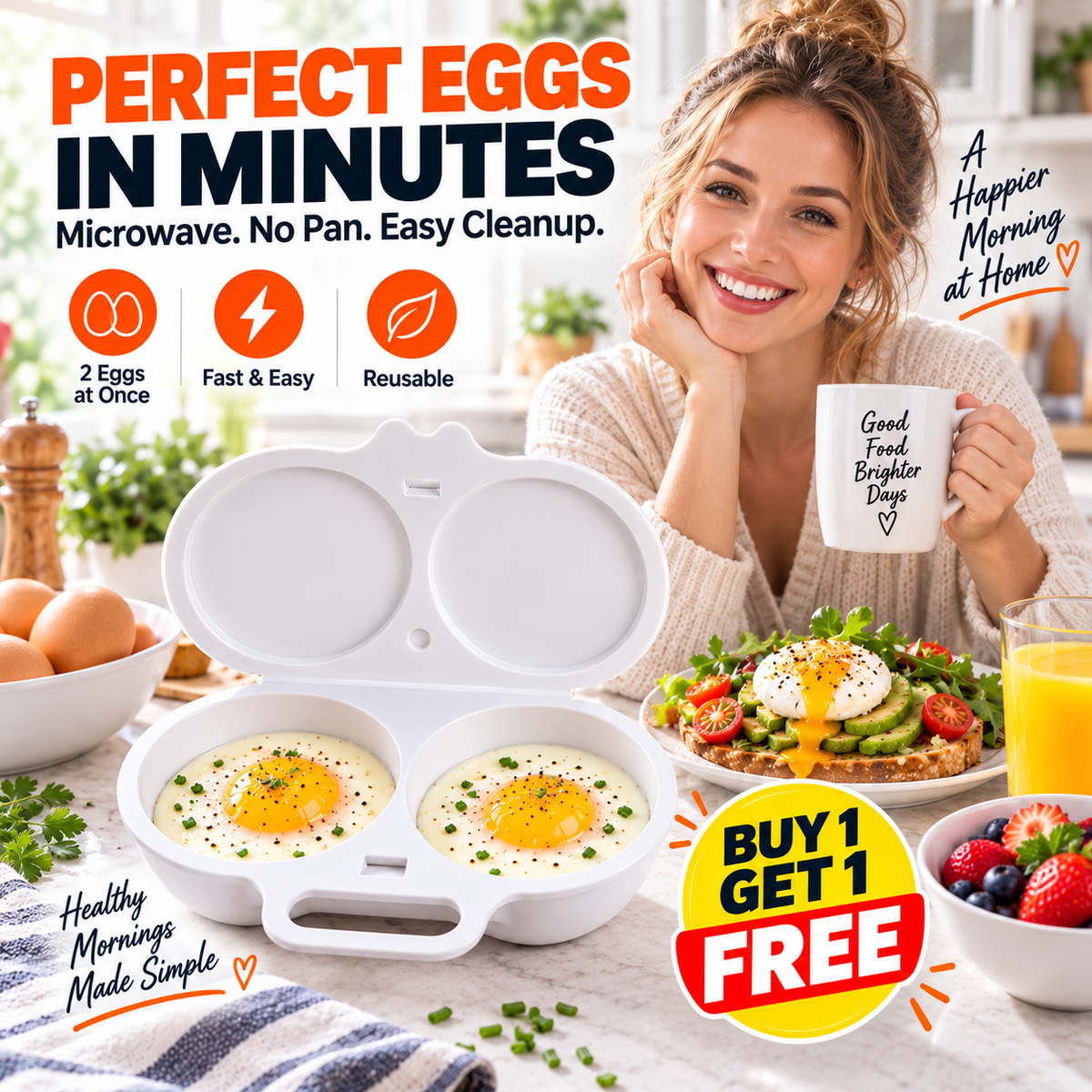 🎁 BUY 1 GET 1 FREE! Microwave Egg Poacher – 2 Eggs in Minutes, No Pan & Easy Cleanup 🍳⚡